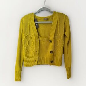NEW Cable Knit Green Cardigan/Cropped Tank TwinSet M Cozy Indie Soft Dopamine